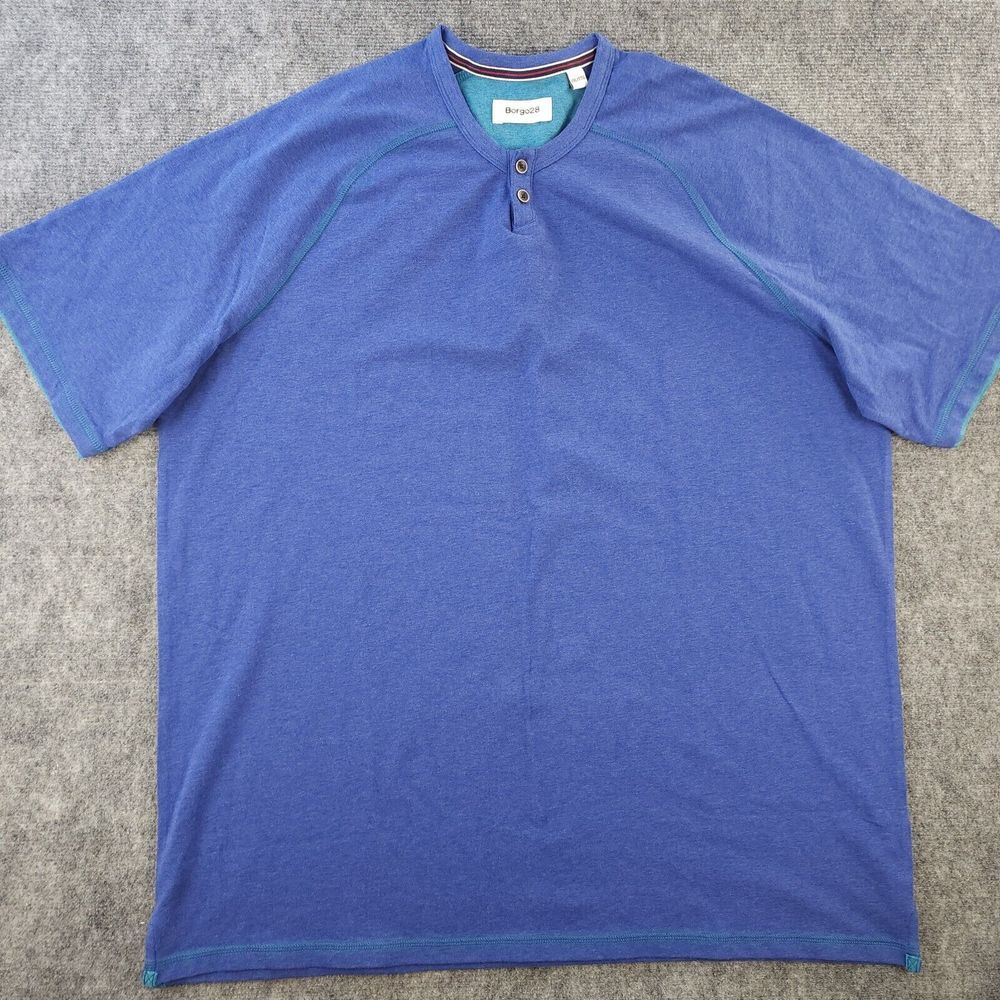 Borgo 28 Shirt 2XL Crew‎ Neck Button Short Sleeve Blue Solid Cotton Stretch